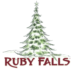 Illustrated Christmas tree above Ruby Falls logo