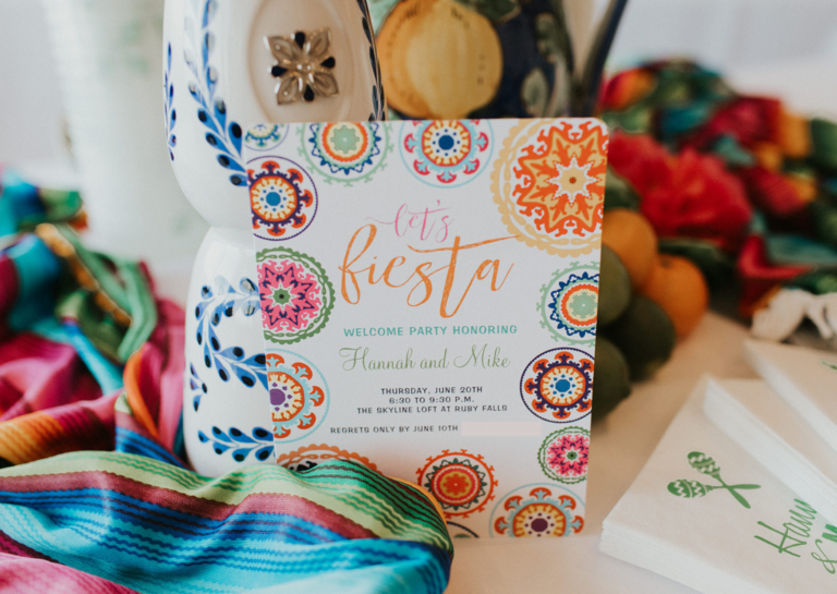 Colorful paper invitation to a fiesta at Skyline Loft.